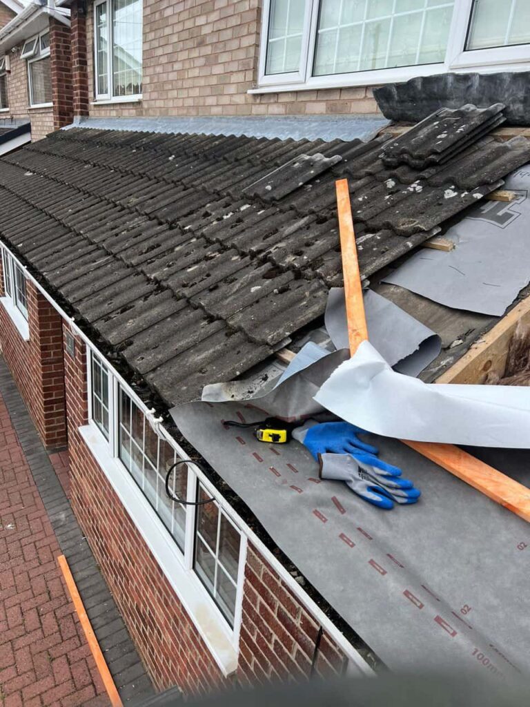 This is a photo of a pitched roof which is being repaired. The existing roof was leaking badly. Works carried out by LJ Roofing Bradford on Avon